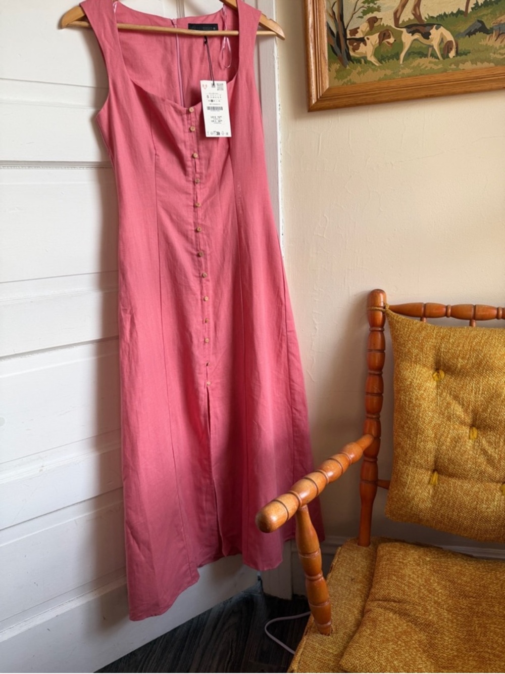 Zara Linen Blend Button Front Midi Dress Pink Sleeveless Slit NWT S Old Money - Picture 8 of 11